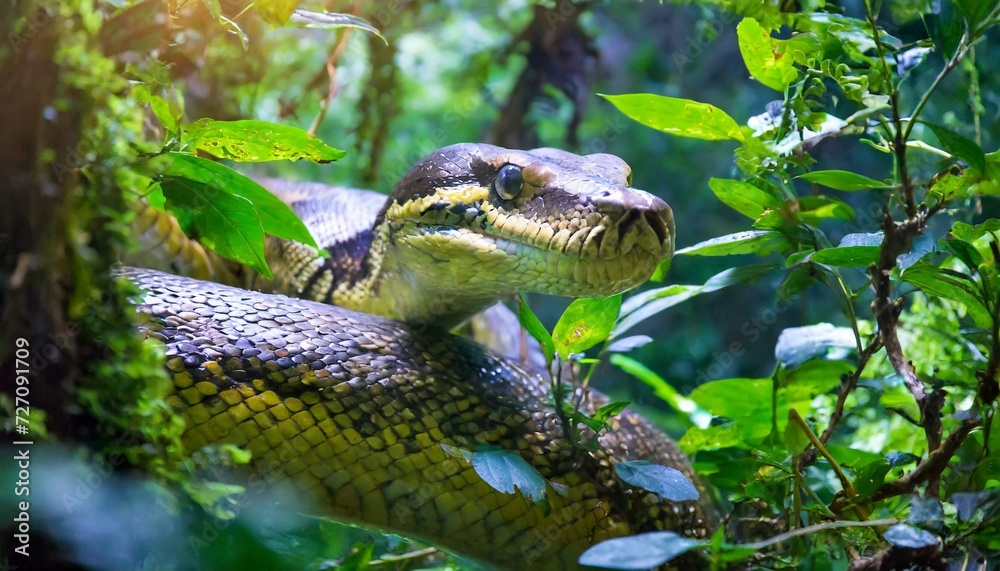 Giant python in the rainforest, scary lizard, reptile