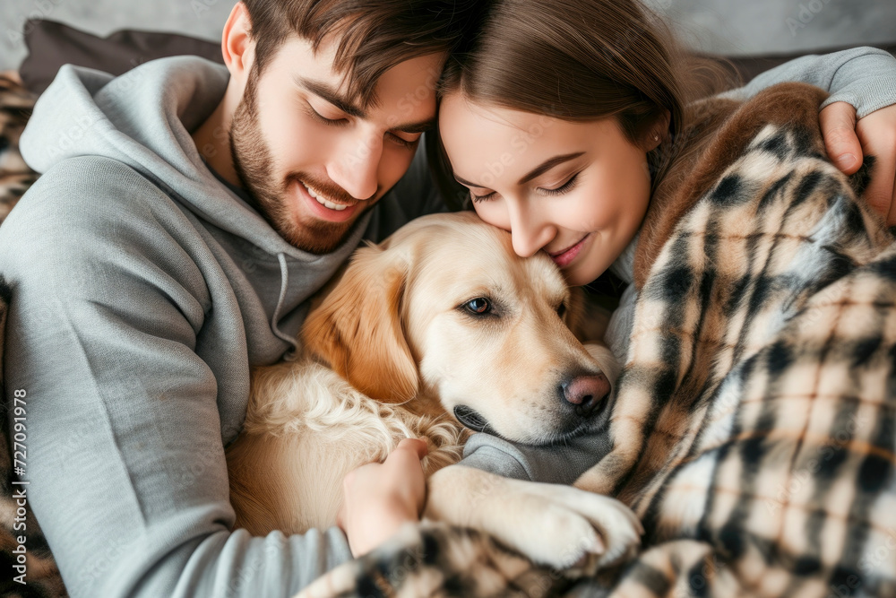 Happy cozy loving couple hug doggy spend time together Happy cozy loving couple hug doggy spend time together