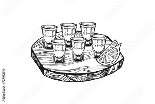 set of vector shot glasses for alcoholic drinks on wooden board and slices of lemon, hand drawn sketch of shot glasses for strong alcohol, black and white inked illustration isolated, white background