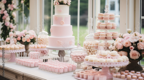 Candy bar, pink cakes, sweets on a table, wedding cakes and sweets, dessert table, various cakes, best selling