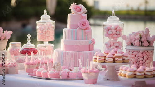 pink cake on a celebration table, diverse sweets and cakes for a birthday party, pink and white dessert, best selling