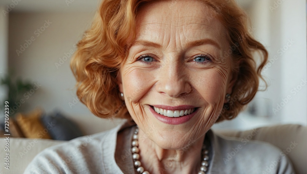 Close-up portrait of a senior woman with ginger hair, smiling warmly, wearing pearls and a light sweater, with a homely background. Close-up portrait of a senior woman with ginger hair, smiling warmly, wearing pearls and a light sweater, with a homely background.