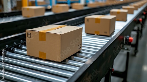 Multiple cardboard box packages moving along a conveyor belt in a warehouse facility