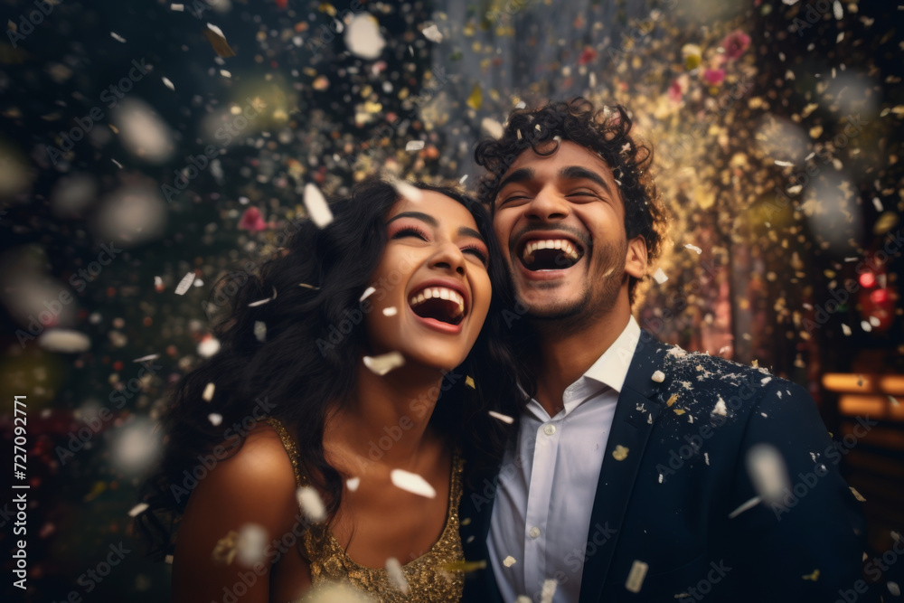 Happy Indian ethnic young couple celebrating a life event Happy Indian ethnic young couple celebrating a life event