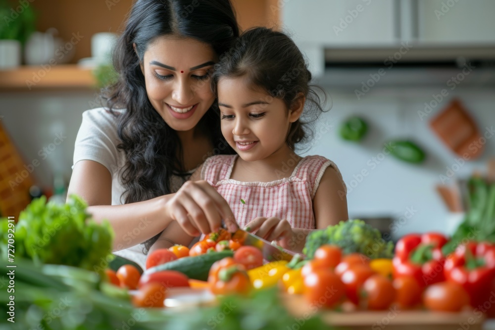Happy Indian mother teaches her little daughter to cut vegetables in the kitchen