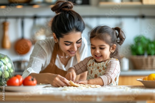 Happy Indian mother teaches her little daughter to make food in the kitchen photo