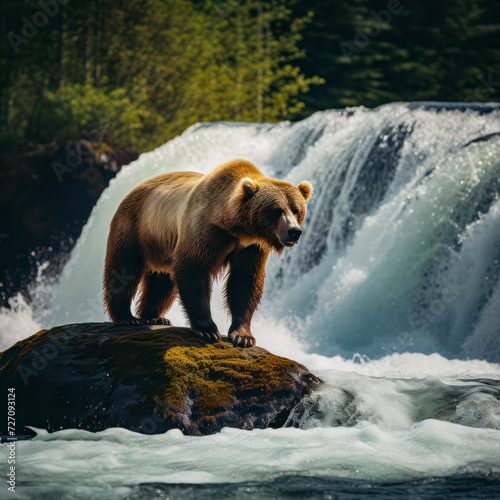 lifestyle photo kodiak bear standing on top of rock in river. © mindstorm