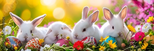 Easter bunnies in the grass with colorful Easter eggs. Happy Easter!