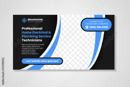 professional home electrical and Plumbing service technicians social media post banner design template. vector illustration with space for photo. combination between blue element and black