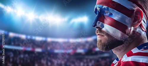 Usa football fan with face paint cheering in blurry stadium background, perfect for text placement photo