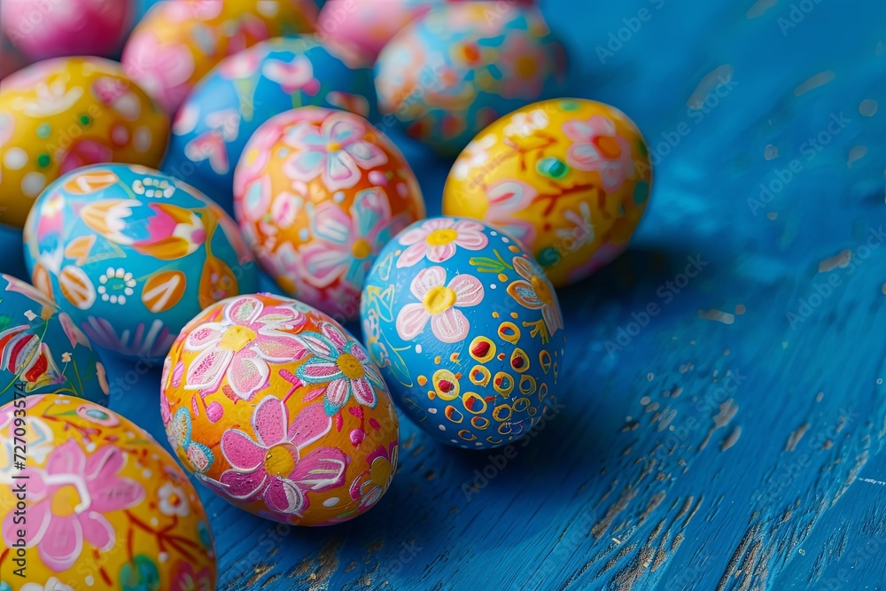 Close up view of Easter eggs in vibrant colors.	

