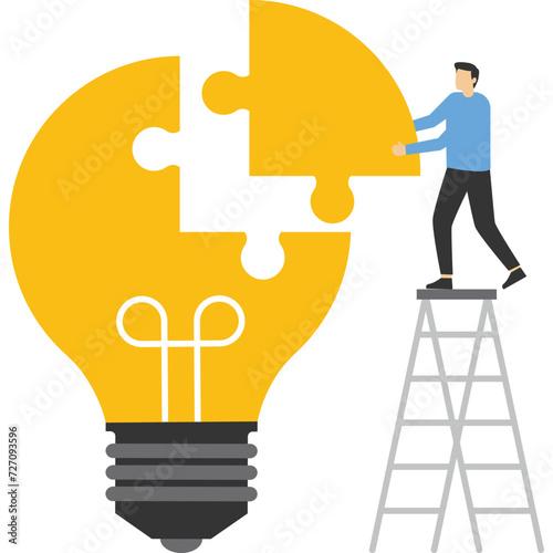 Office People Work Together Setting Up Huge Lightbulb Separated on Puzzle Pieces Standing on Ladders. Businesspeople Teamwork. Cartoon Flat Vector Illustration

