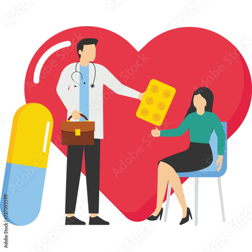 The concept of medicine and healthcare. The doctor reassures the patient. Doctor and patient. Cardiologist talking to a woman. Background big heart. Vector illustration in flat cartoon style.

