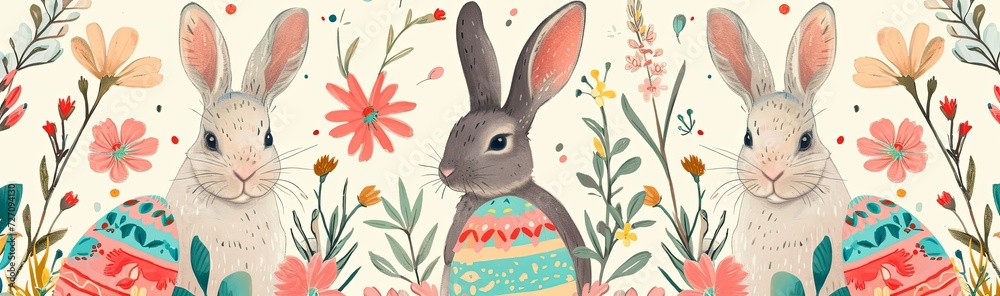 Easter wallpaper pattern with Easter bunnies, flowers and eggs. Easter wallpaper pattern with Easter bunnies, flowers and eggs.