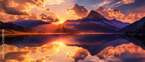 Breathtaking Sunset Over Snow-Capped Peaks Reflecting on Tranquil Lake Waters
