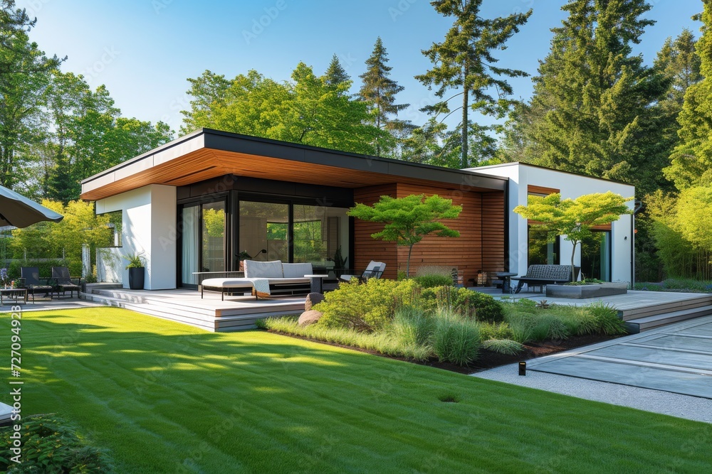 Modern detached house with terrace and green lawn. Exterior of building with white and wooden details. Generated AI Modern detached house with terrace and green lawn. Exterior of building with white and wooden details. Generated AI