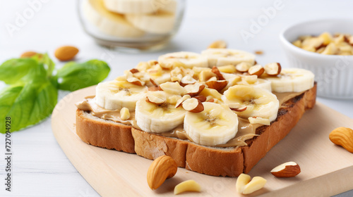 Toast with nut butter, banana slices and cashews on white table, closeup