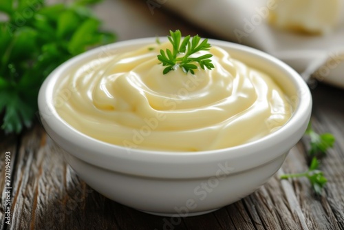Mayonnaise in bowl on kitchen table. Delicious creamy sauce with ingredients on background. Generated AI