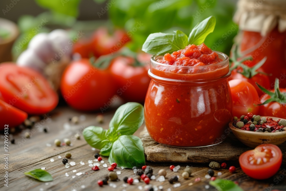 Homemade tomato sauce in glass jar on wooden background. Delicious Italian sauce for pasta or pizza on kitchen table. Generated AI Homemade tomato sauce in glass jar on wooden background. Delicious Italian sauce for pasta or pizza on kitchen table. Generated AI