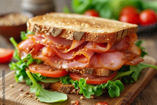 Tasty sandwich with ham and vegetables. Bread with meat, salad and tomato for dinner. Generated AI