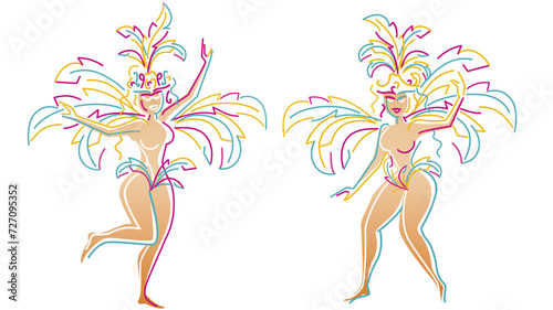 Brazilian carnival party girls 2024 colorful masked samba dancers isolated on white background