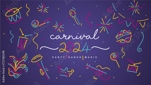 Carnival 2024 elements banner. Mask drums rattles guitar fanfare whistle crown tiara flags ribbons sparkle firework confetti isolated on purple background