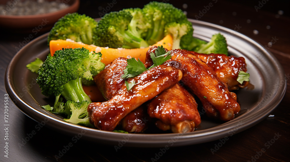 A delicious plate of chicken wings served with a side of broccoli. Perfect for a satisfying meal A delicious plate of chicken wings served with a side of broccoli. Perfect for a satisfying meal
