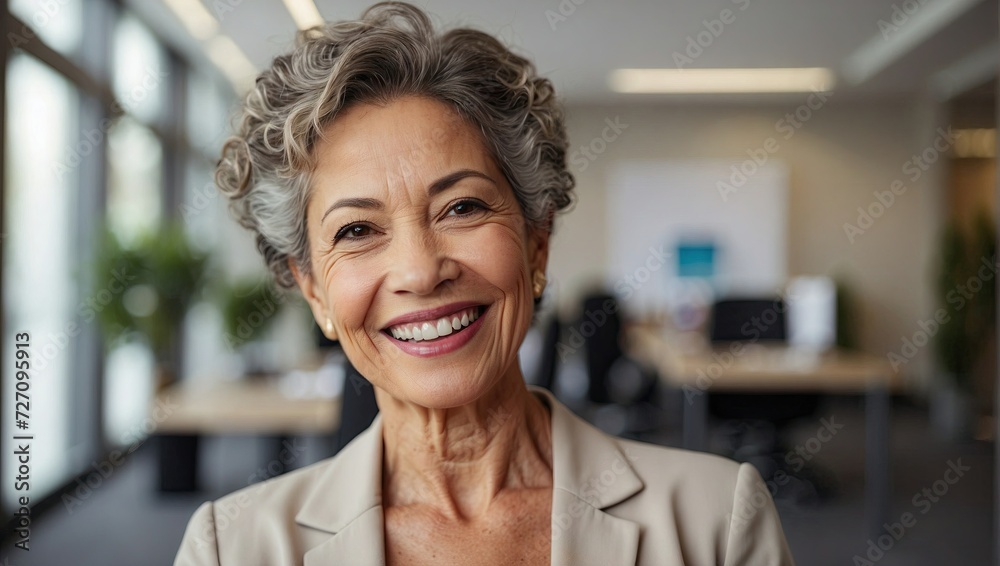 Confident senior businesswoman, gray hair, professional attire, office setting, beaming smile, modern workplace. Confident senior businesswoman, gray hair, professional attire, office setting, beaming smile, modern workplace.
