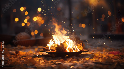 Bonfire at night with bokeh lights for lohri festival