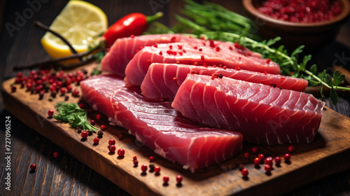 Close up of Fresh raw Tuna fillet steak and sashimi on wooden board background, delicious food for dinner, healthy food, ingredients for cooking photo