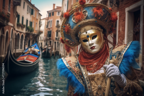A man in a Venetian mask and a bright carnival outfit glides gracefully along the canal