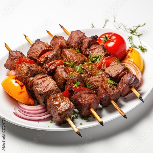 Grilled kebab meat with parsley, paprika and cake on white plate