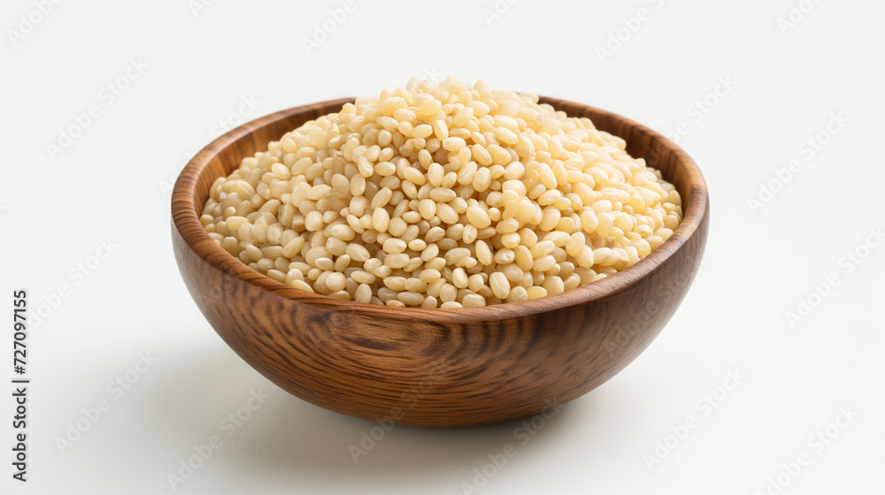 Murmure (Puffed Rice) presented in a wooden bowl on a white background Murmure (Puffed Rice) presented in a wooden bowl on a white background