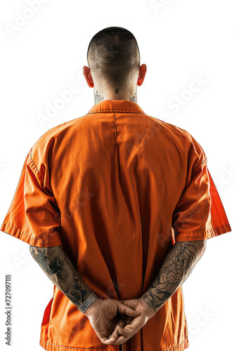 Rear view of a male prisoner wearing a prison uniform isolated on transparent background