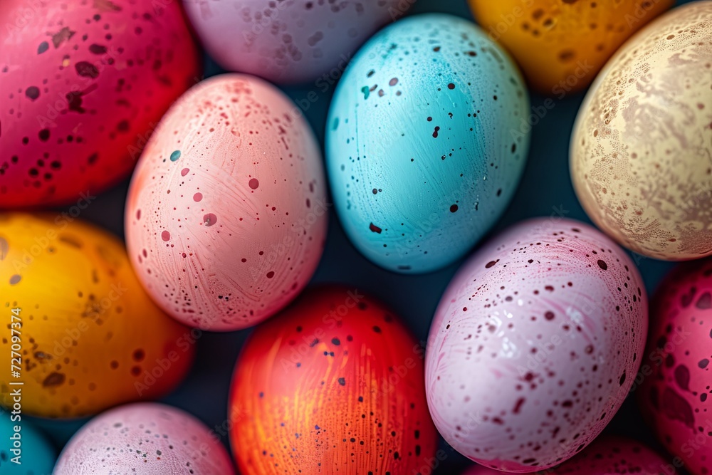 Close up view of Easter eggs in vibrant colors.