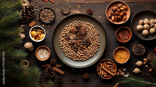 Dishware with different spices, nuts and fir branches on table, top view
