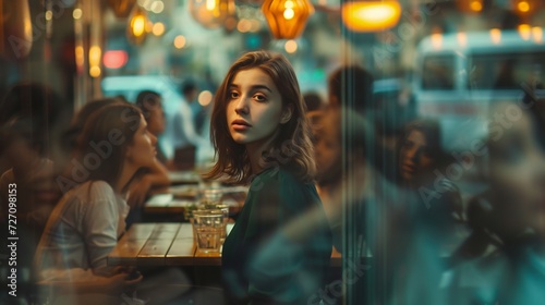 A woman hesitating at the entrance of a crowded cafe  her figure sharply focused amidst the bustling blur of patrons.