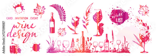 Colorful wine designs - Collection of wine glasses. Sketch vector illustration. Elements for invitation cards, advertising banners and menus. Wine glasses with splashing wine and plants.