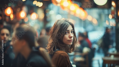A woman hesitating at the entrance of a crowded cafe, her figure sharply focused amidst the bustling blur of patrons.