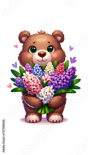 Cute Brown Bear Cub Holding a Bouquet of Hyacinths, Love and Care Concept, Ideal for Greeting Cards and Valentine's Day Promotions, 