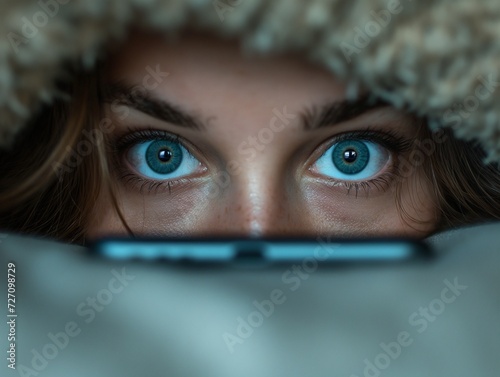 woman with eyes looking interested at camera with smartphone a smartphone lying on a couch