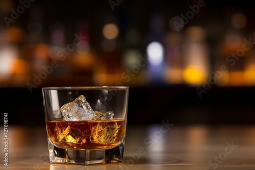 Glass of whiskey on the bar counter. Blurred interior of bar