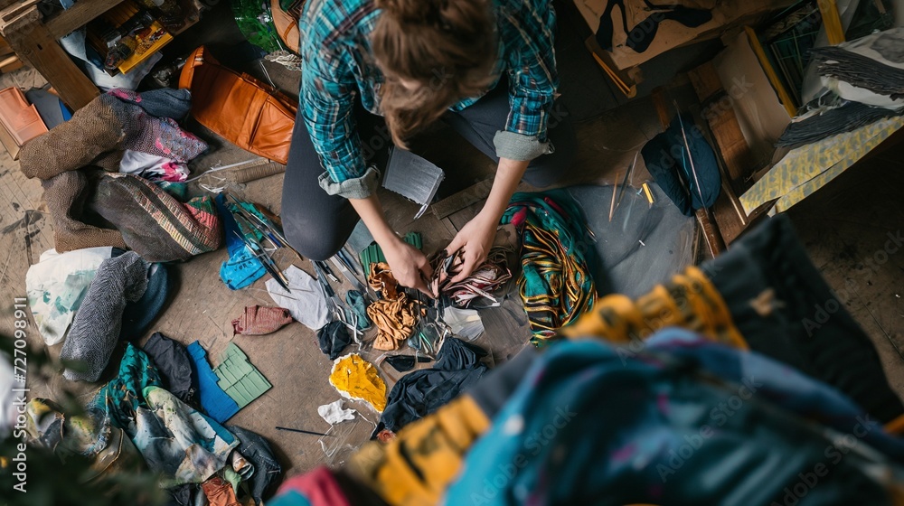 Naklejka premium Repair and repurpose old clothing, shoes and furniture to create new functional items.