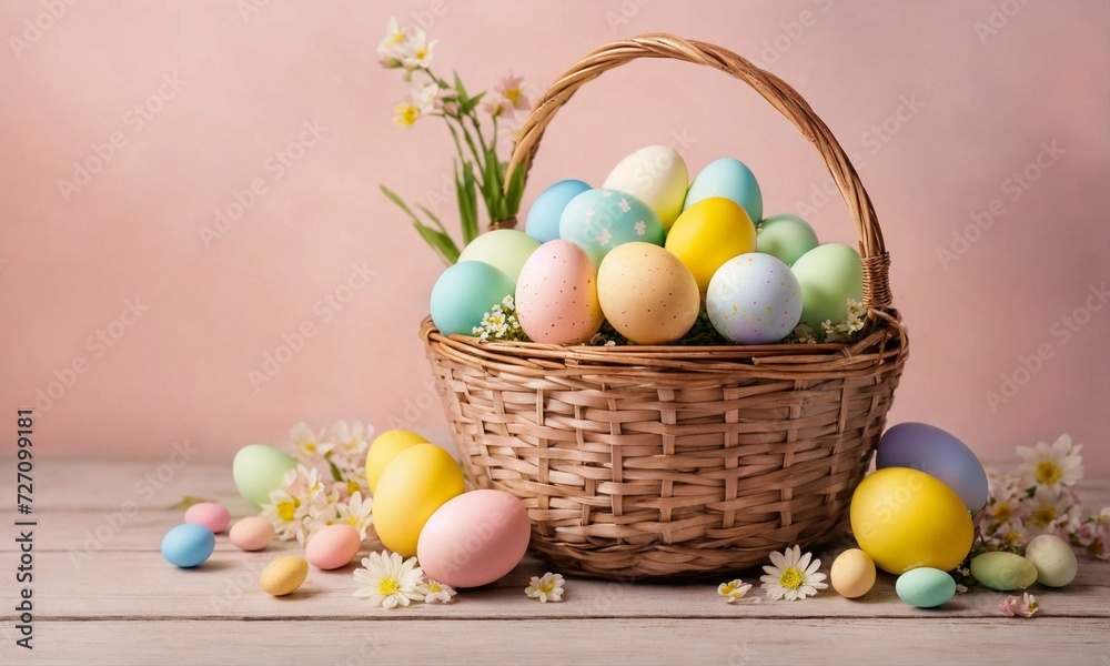 Many easter color eggs in basket on pink background. Easter is main event for believers, timed coincide with resurrection of Jesus Christ. Basket on wooden table with eggs and flower