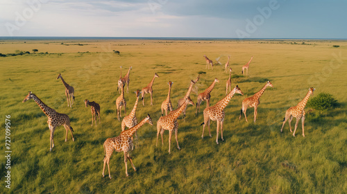 Aerial scene capturing a group of giraffes in a vast landscape
