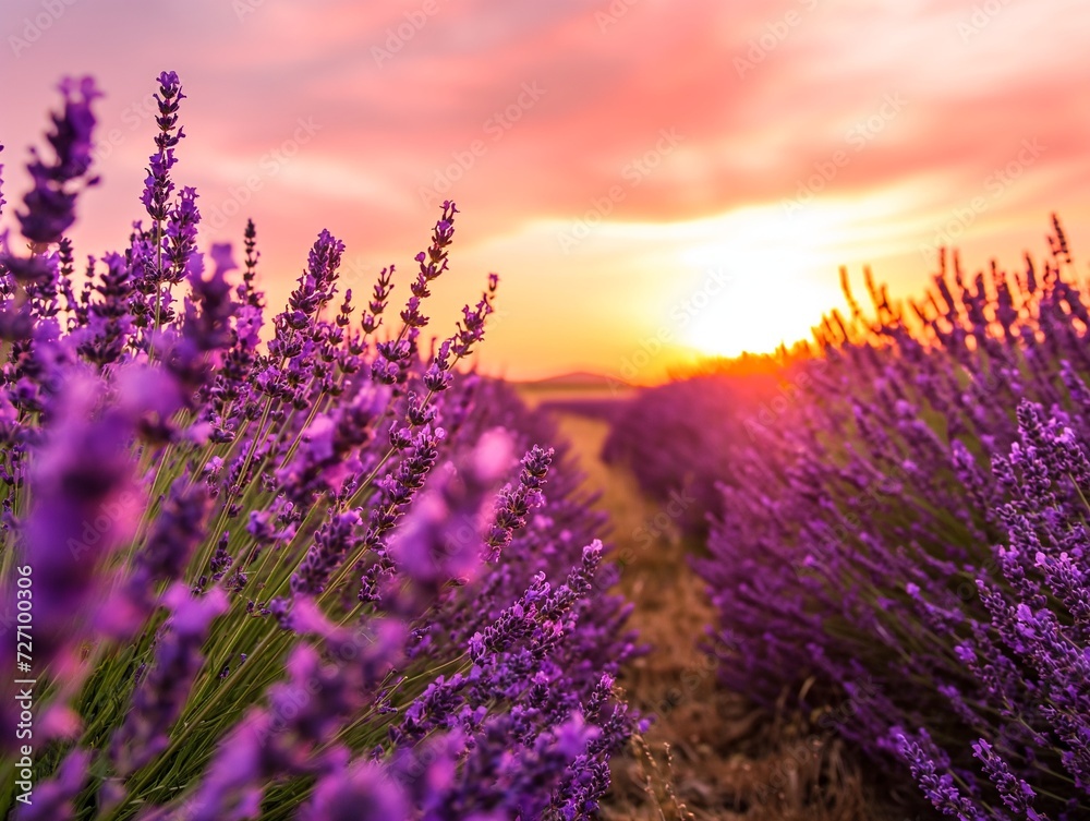 Obraz premium Blooming lavender flowers at sunset in Provence, France. Macro image.
