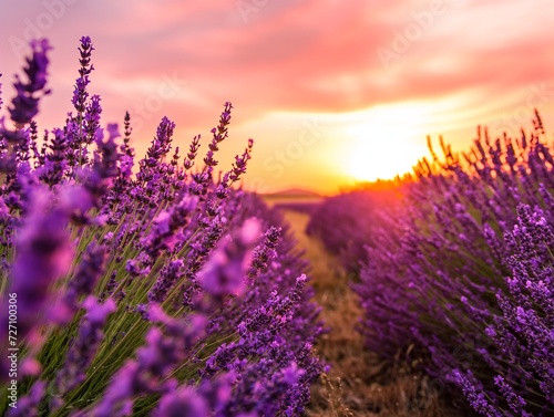 Blooming lavender flowers at sunset in Provence, France. Macro image.