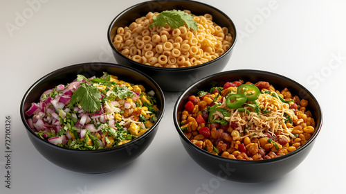 Bhel Puri creatively photographed with top, side, and front views in a black bowl