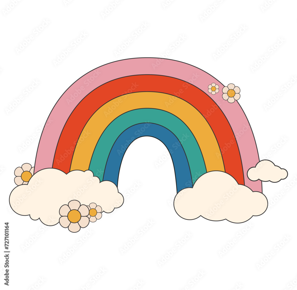 Groovy sticker rainbow in cartoon psychedelic retro style on a white background. Isolated vector illustration.