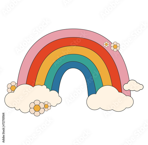 Groovy sticker rainbow in cartoon psychedelic retro style on a white background. Isolated vector illustration.